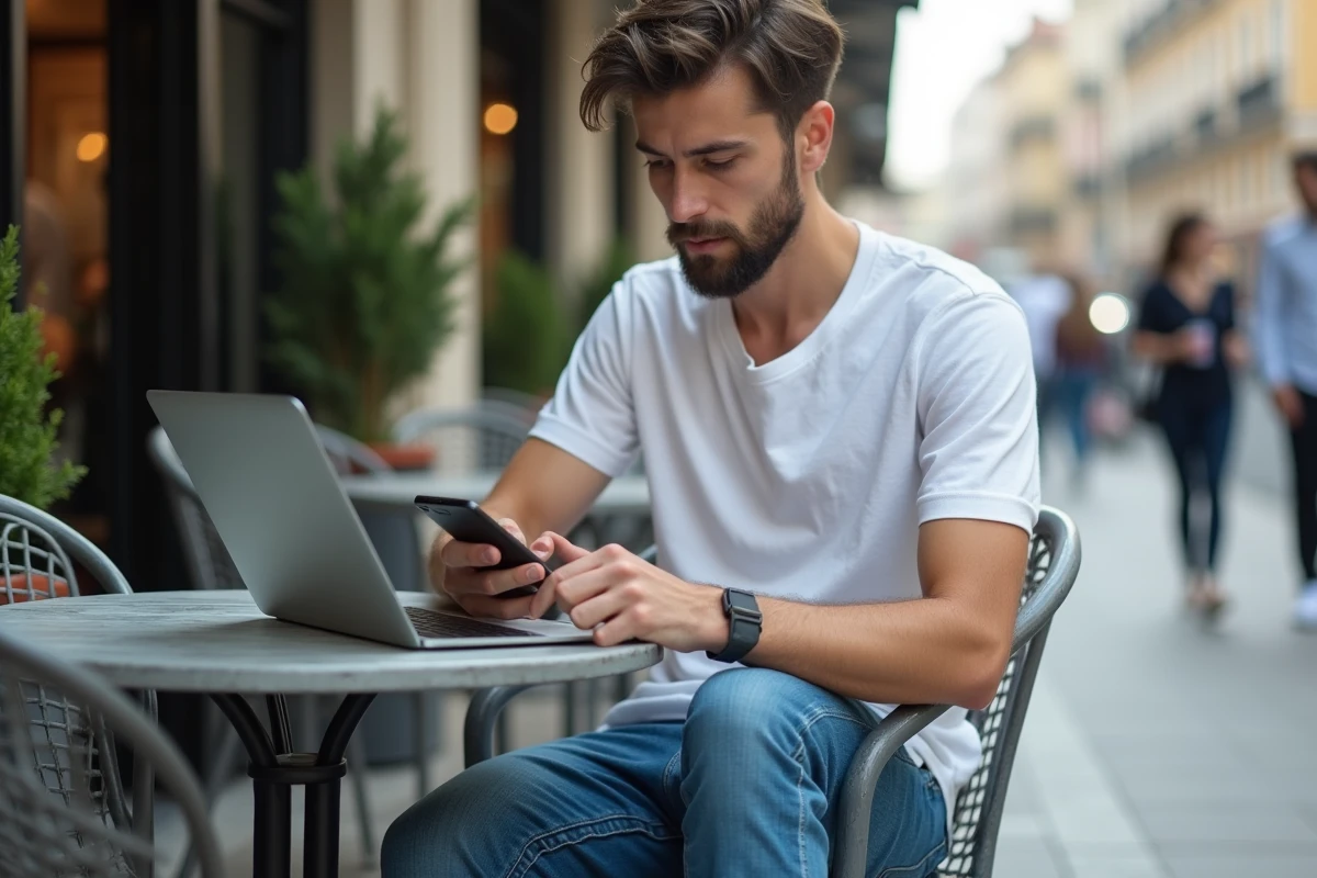 Jeune homme en t-shirt blanc et jeans au café avec téléphone et ordinateur