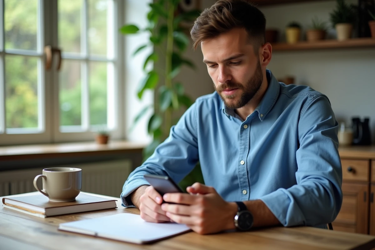 Jeune homme vérifiant ses emails sur un smartphone dans une cuisine