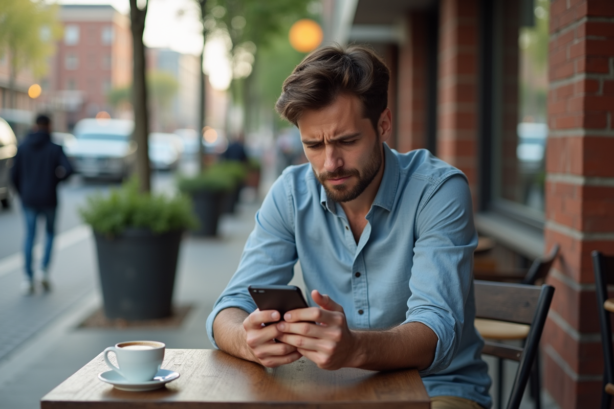 Jeune homme exaspéré avec son smartphone en extérieur