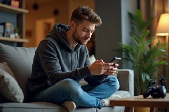 Jeune homme jouant sur smartphone dans un salon cosy