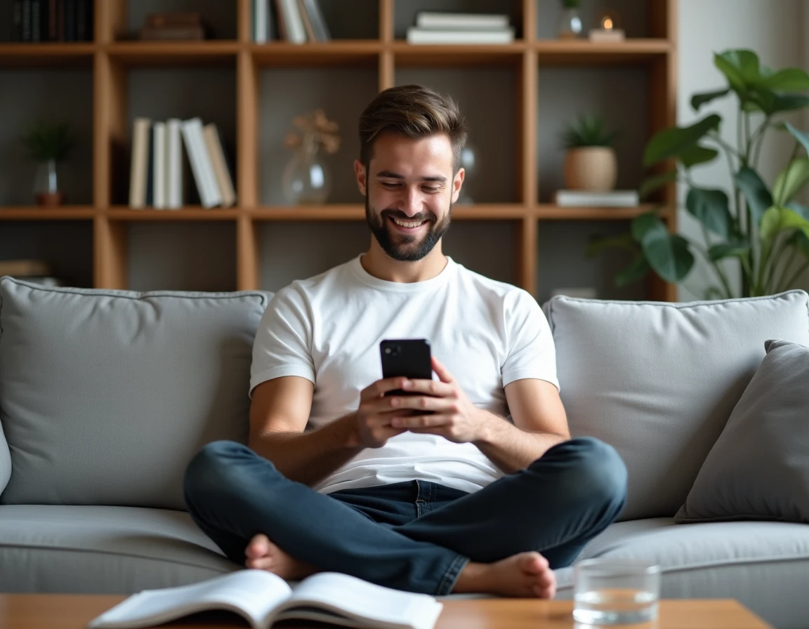 Jeune homme consultant un guide numérique sur smartphone dans un salon minimaliste et confortable