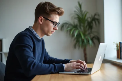 Jeune homme concentré sur son ordinateur portable dans un appartement moderne