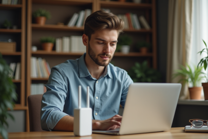 Jeune homme avec un routeur dans un bureau cosy