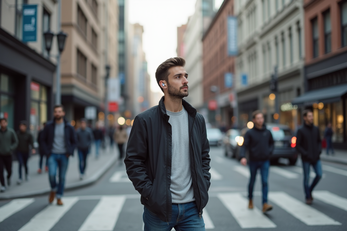 Jeune homme dans la ville utilisant des écouteurs