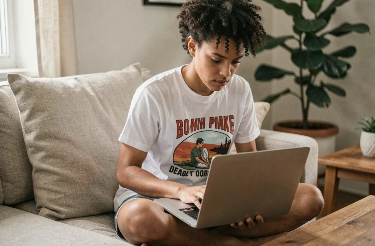 Jeune personne sur un canapé utilisant un raccourci clavier pour écrire la lettre Ç en majuscule