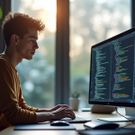 Jeune professionnel travaillant sur un ordinateur portable avec code coloré