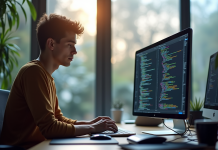 Jeune professionnel travaillant sur un ordinateur portable avec code coloré