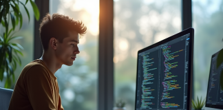 Jeune professionnel travaillant sur un ordinateur portable avec code coloré