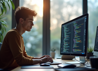 Jeune professionnel travaillant sur un ordinateur portable avec code coloré