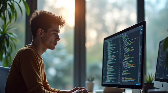 Jeune professionnel travaillant sur un ordinateur portable avec code coloré