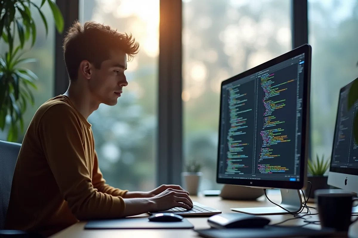 Jeune professionnel travaillant sur un ordinateur portable avec code coloré