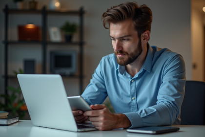 Jeune homme professionnel travaillant sur son ordinateur dans un bureau moderne