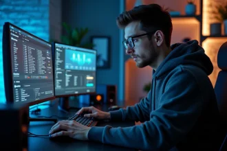 Joueur concentré devant ses écrans affichant des statistiques de ping sur rank-by-ping.com dans un bureau gaming moderne