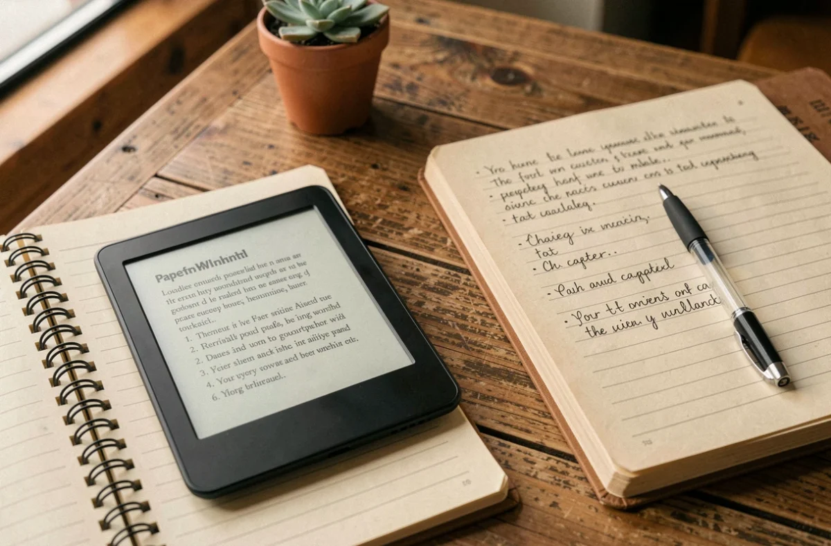 Liseuse Kindle Paperwhite posée sur une table en bois à côté d'un carnet de notes manuscrites pour l'auto-édition
