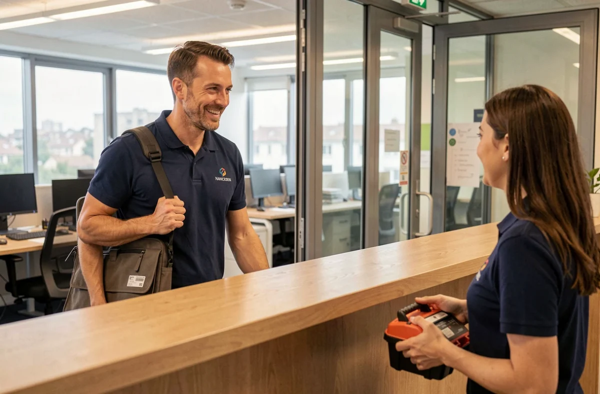 Technicien Lg Services 92 arrivant dans un bureau de PME à Nanterre pour un dépannage informatique