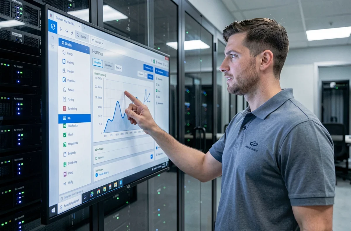 Technicien Loxys supervisant un tableau de bord d'hébergement cloud sécurisé dans une salle serveur moderne
