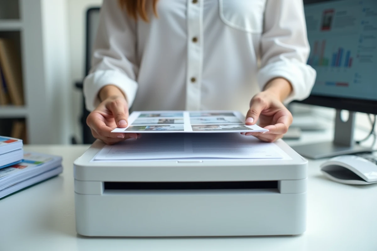 Mains féminines tenant une photo et un document près d'un scanner pour illustrer la conversion JPG en PDF