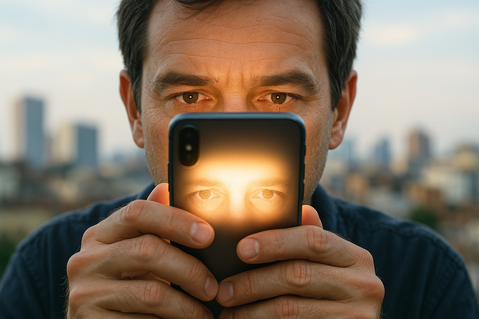 Mains tenant un smartphone avec ville en arrière-plan