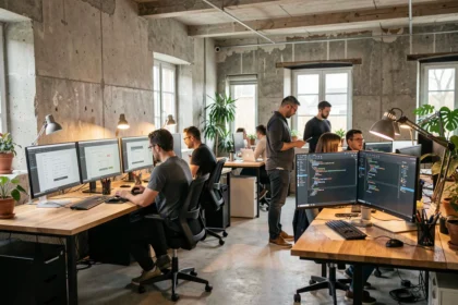 Agence de développement web dans le Calvados : équipe de professionnels travaillant sur des projets digitaux dans un espace de travail moderne