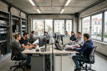 Vue d'ensemble d'un bureau de dépannage informatique professionnel dans les Hauts-de-Seine avec des techniciens au travail