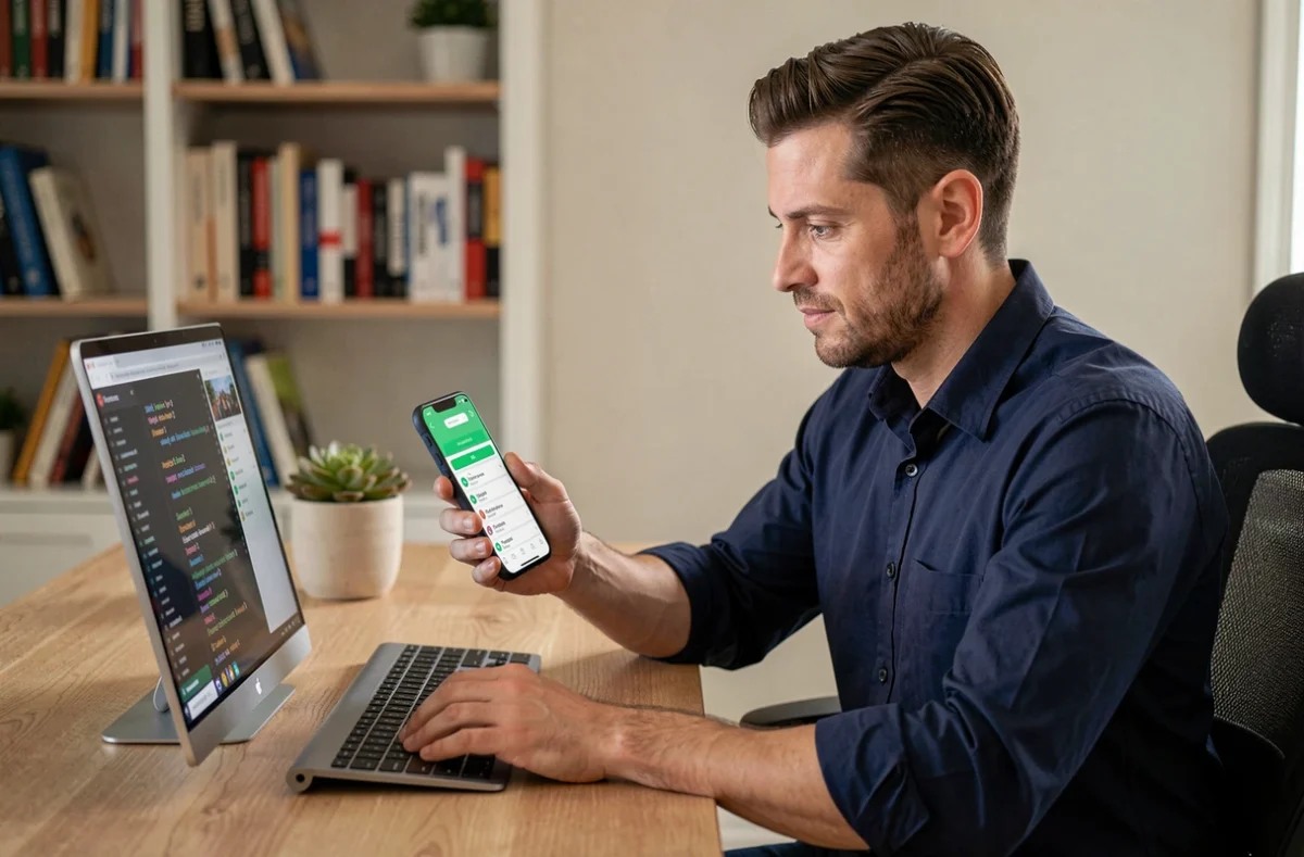 Homme en télétravail configurant un message programmé WhatsApp sur smartphone depuis son bureau à domicile