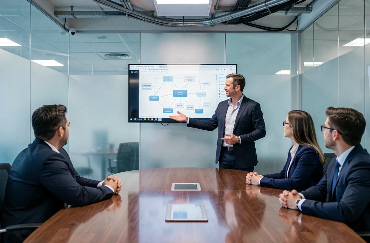 Consultant Mgc Network présentant des solutions informatiques pour entreprises dans une salle de réunion moderne