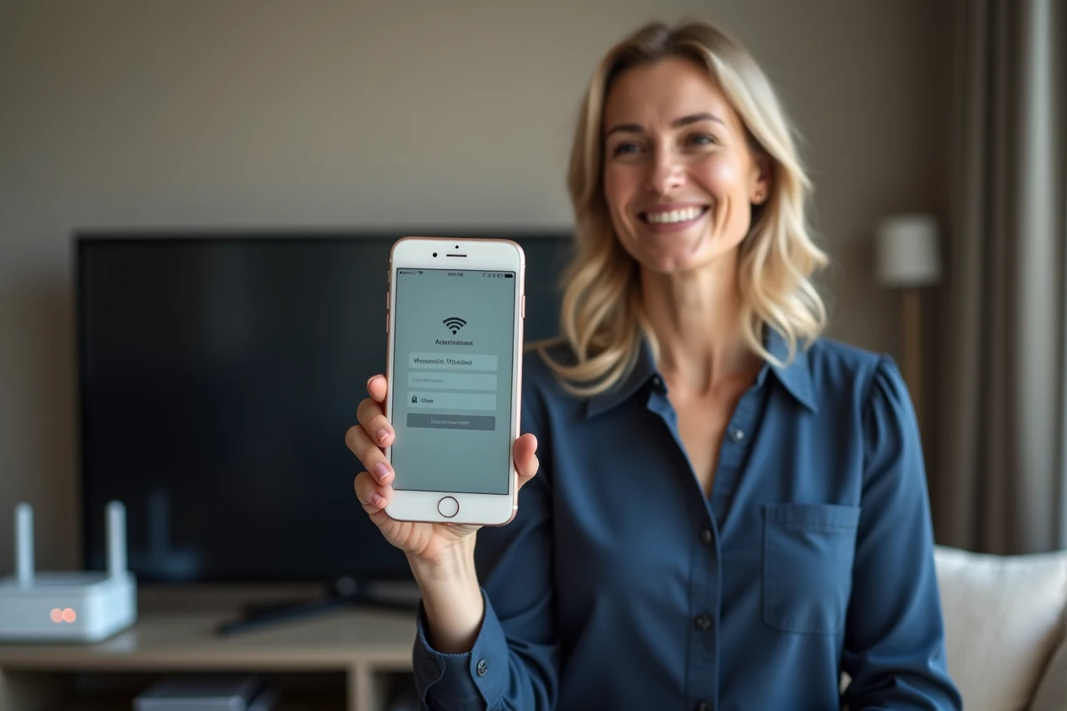 Femme modifiant le mot de passe Wi-Fi depuis son smartphone en accédant à la page de configuration du routeur