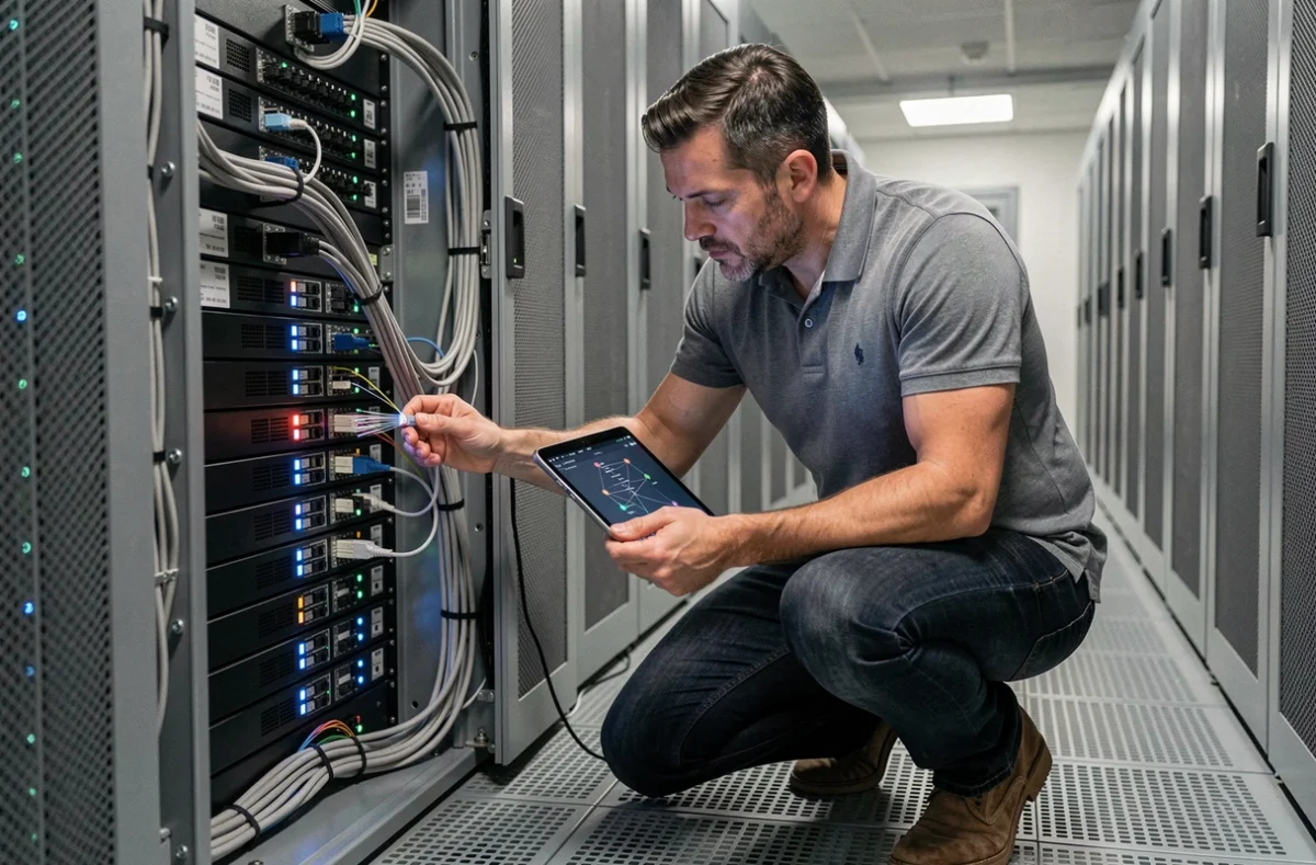 Un ingénieur Nomios intègre des équipements réseau et cybersécurité dans une salle serveurs professionnelle