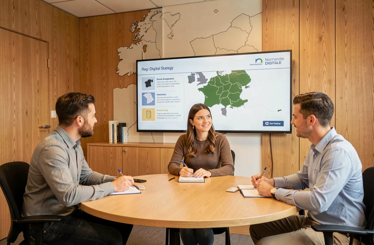 Normandie Digitale : équipe présentant une stratégie digitale régionale autour d'une table de réunion dans un bureau normand