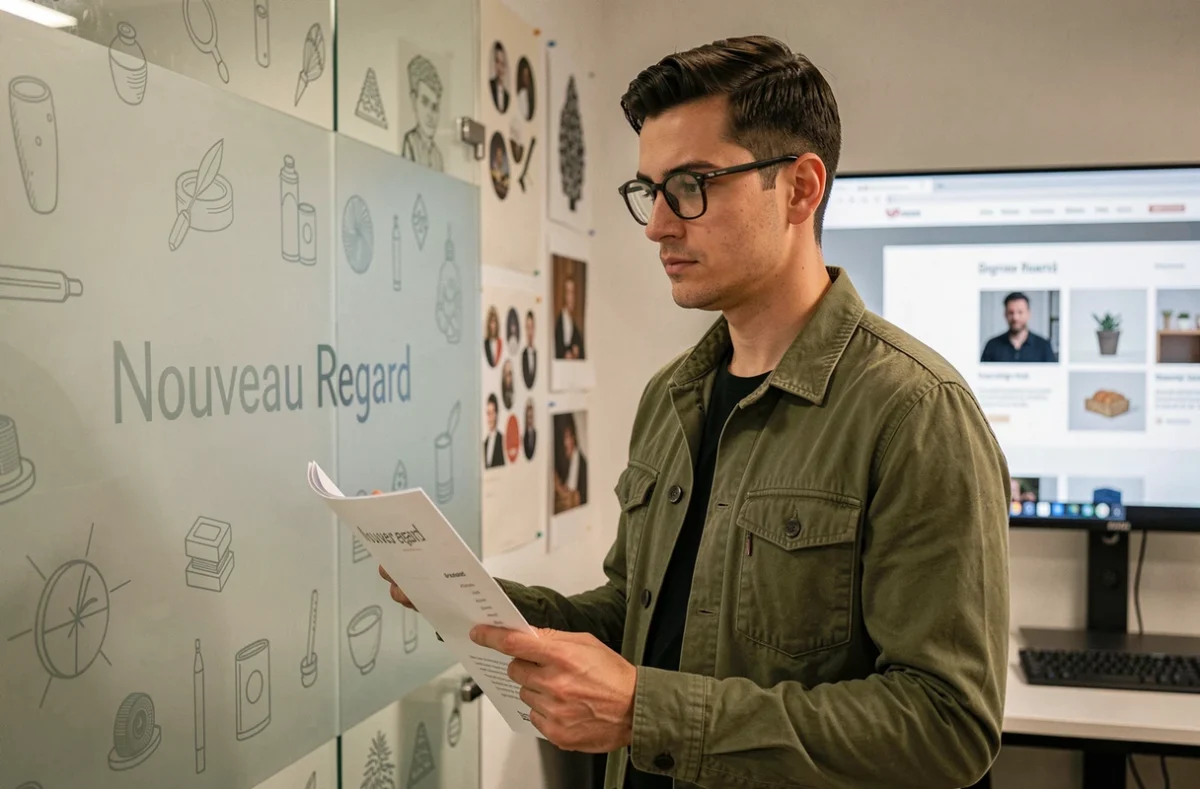 Nouveau Regard : designer web tenant un guide de branding dans un studio créatif moderne avec maquettes de sites web