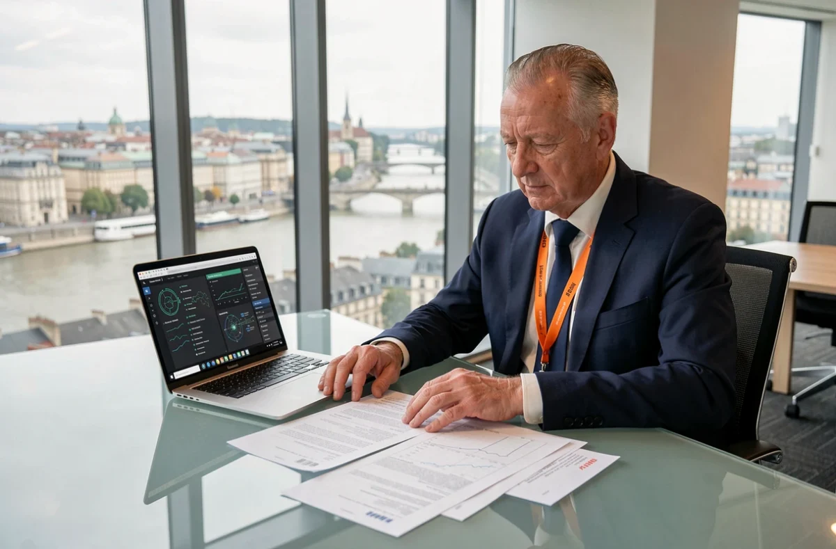 Un cadre d'Orange Cyberdefense analyse des rapports de menaces cybersécurité dans une tour de bureaux à Lyon