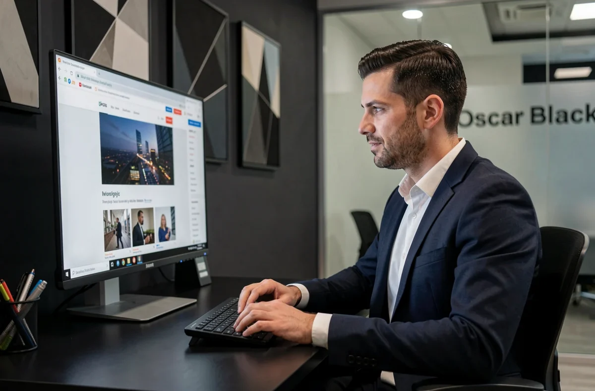 Oscar Black : développeur web professionnel dans un bureau élégant et moderne travaillant sur un portfolio de sites web