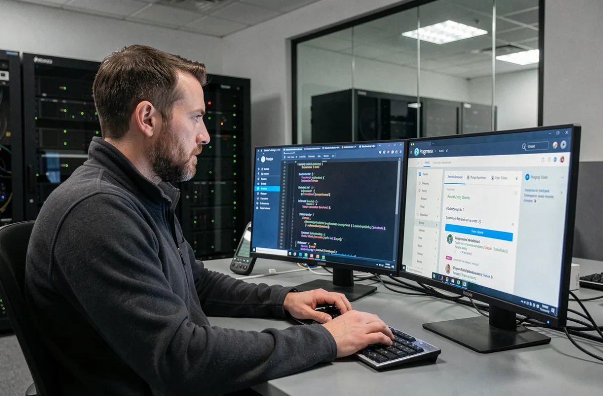 Pragmea : ingénieur logiciel concentré sur du code PHP et une interface d'application web dans un bureau technique structuré