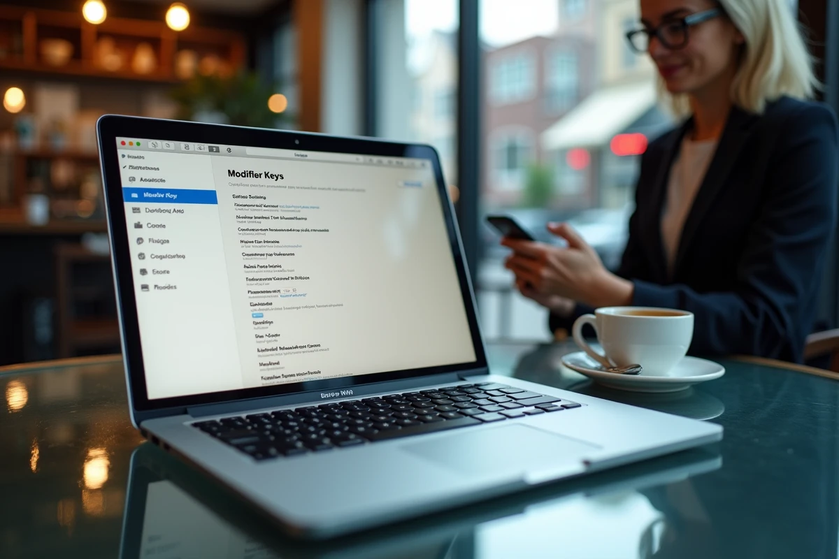 MacBook Pro ouvert dans un café affichant les préférences clavier macOS pour diagnostiquer la touche Shift non fonctionnelle