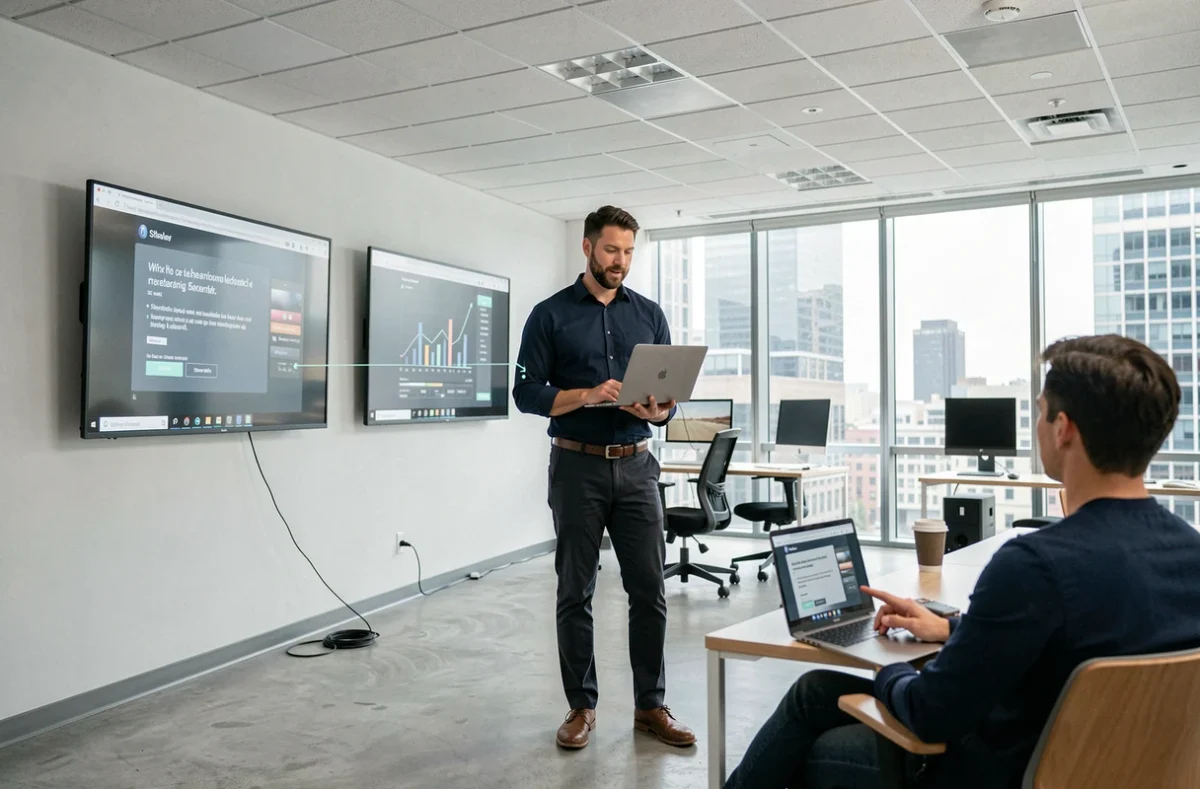 Professionnel présentant du contenu en 4K via un transmetteur HDMI sans fil sur double écran mural dans un open space contemporain