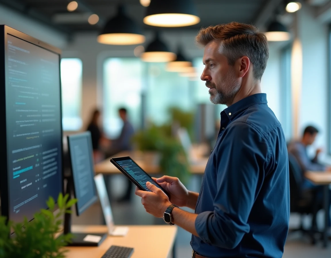 Professionnel en entreprise utilisant un coach numérique sur tablette dans un open space moderne