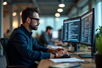 Professionnel IT lisant une veille technique sur un grand écran dans un bureau moderne, illustrant l'organisation de la veille informatique