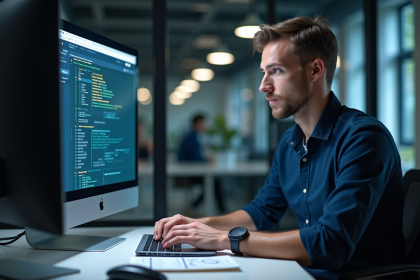 Homme IT concentré travaillant sur firewalld en bureau moderne