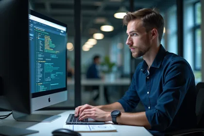 Homme IT concentré travaillant sur firewalld en bureau moderne