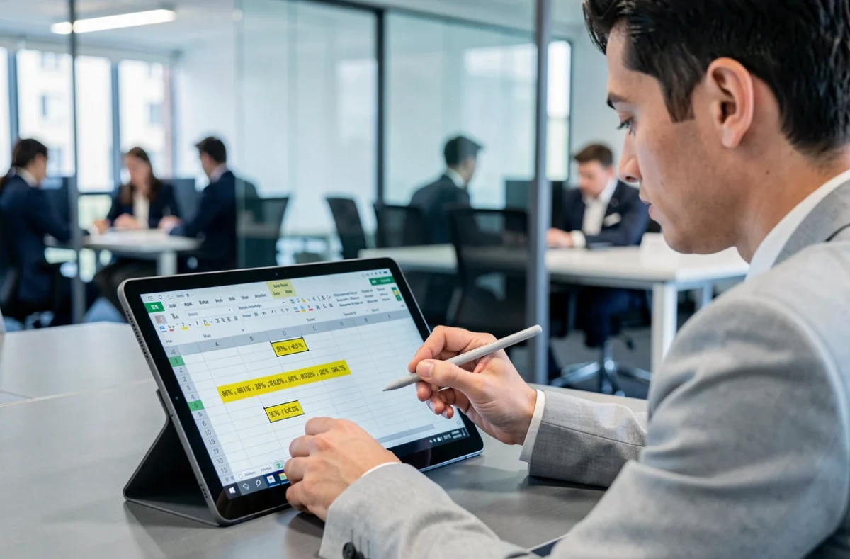 Jeune professionnel utilisant Excel sur tablette en open space pour calculer un pourcentage d'augmentation