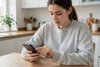 Jeune femme programmant un message WhatsApp sur son smartphone depuis sa cuisine moderne
