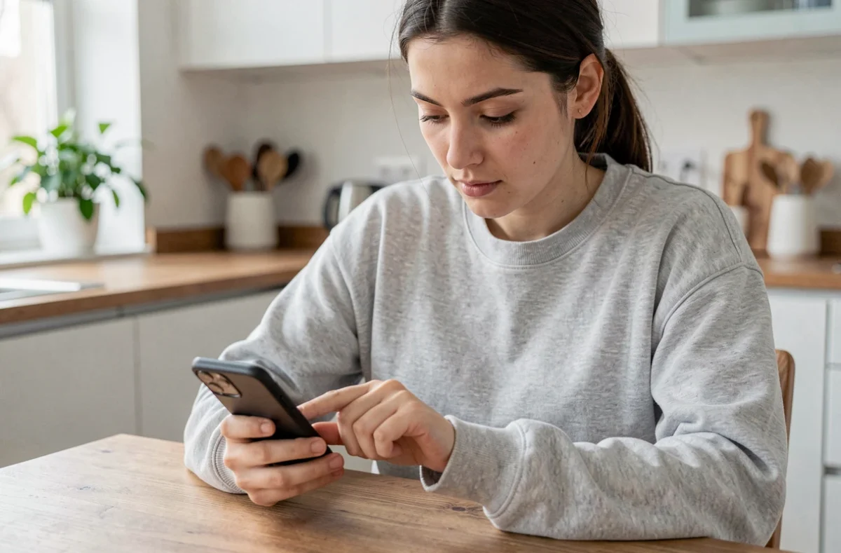 Jeune femme programmant un message WhatsApp sur son smartphone depuis sa cuisine moderne