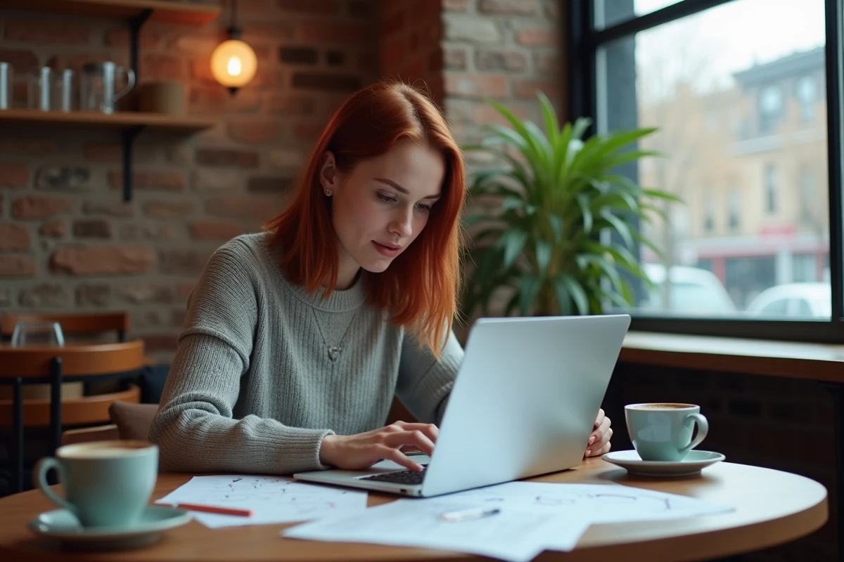 Femme recherchant des informations sur une adresse IP depuis un café avec des notes manuscrites