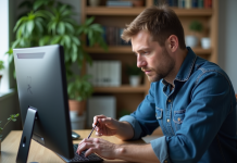 Remplacer un écran de manière efficace : procédure pas à pas Homme d'âge moyen réparant un écran d'ordinateur avec précision