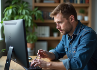 Remplacer un écran de manière efficace : procédure pas à pas Homme d'âge moyen réparant un écran d'ordinateur avec précision