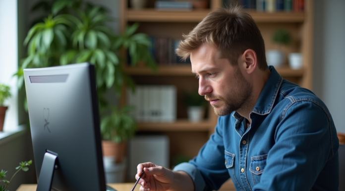 Homme d'âge moyen réparant un écran d'ordinateur avec précision
