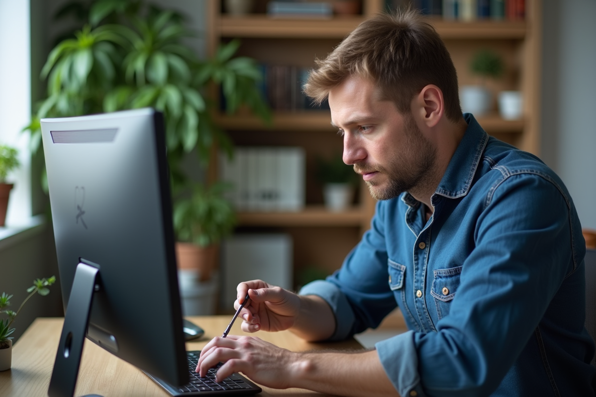 Homme d'âge moyen réparant un écran d'ordinateur avec précision