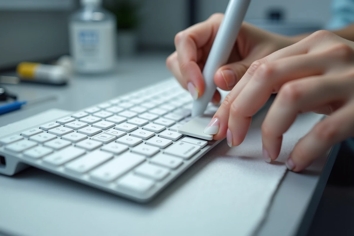 Mains féminines retirant délicatement la touche Shift d'un clavier MacBook avec un outil de réparation sur un tapis antistatique blanc