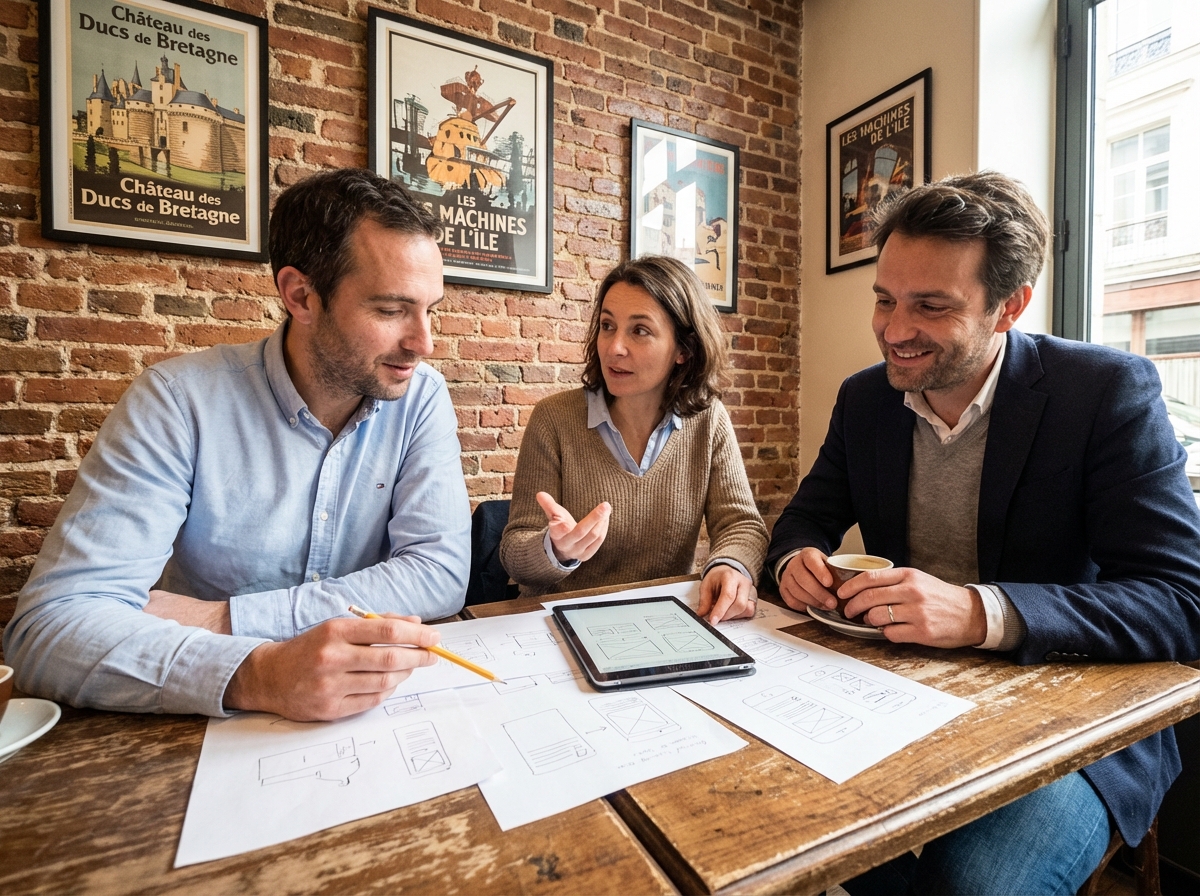 Groupe de professionnels collaborant dans un café à Nantes
