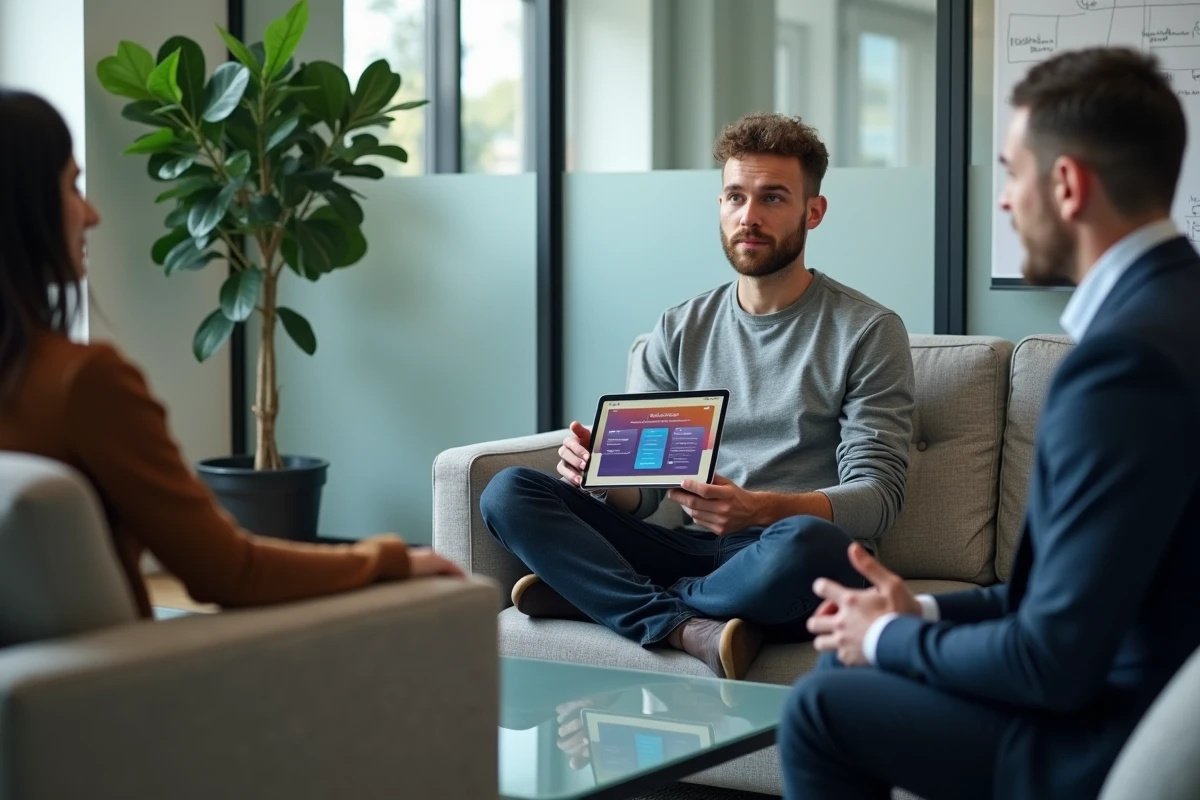 Réunion de présentation d'un projet de création de site web entre client et agence digitale